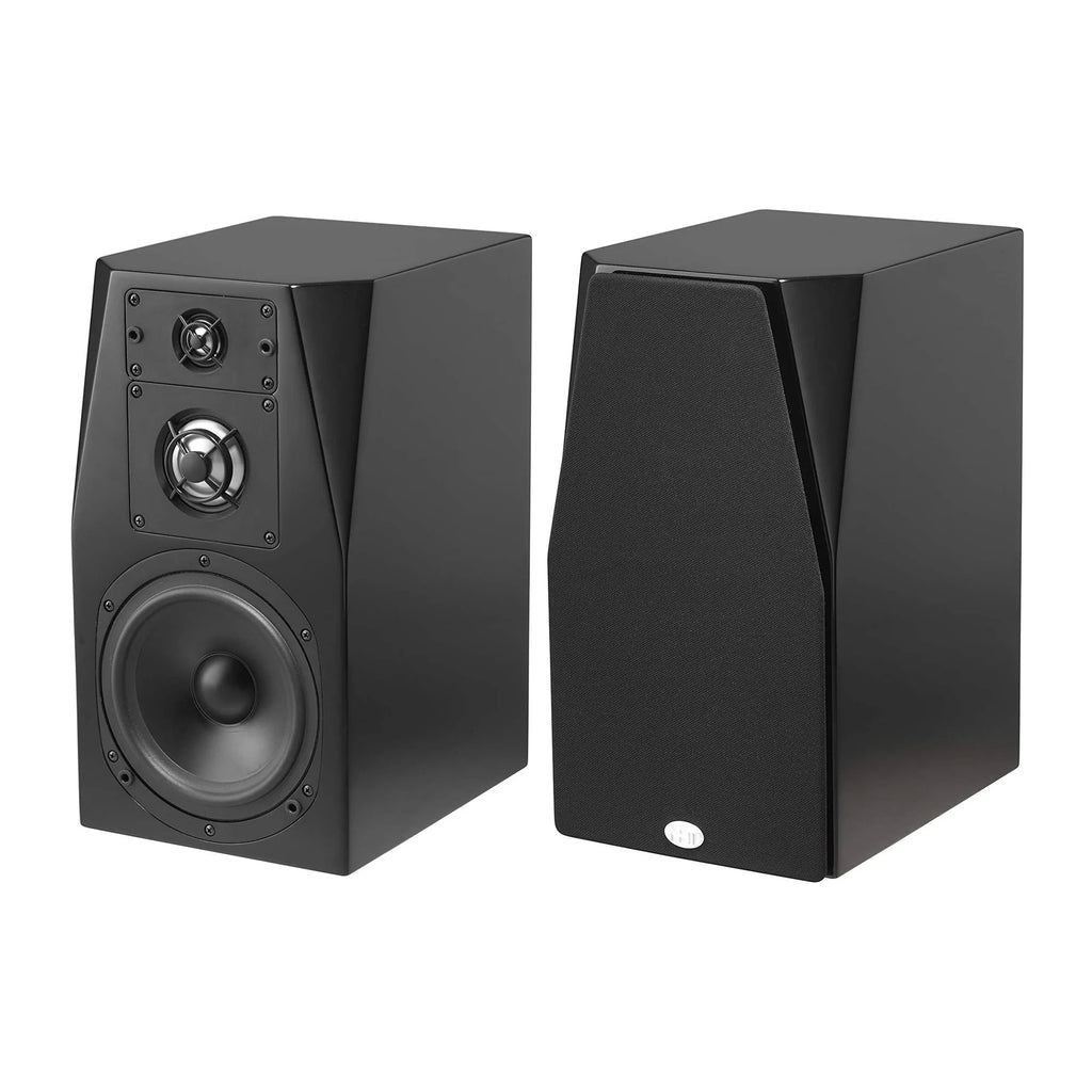 Black NHT C3 stand-mount loudspeaker showing tweeter, woofer, and front panel knobs