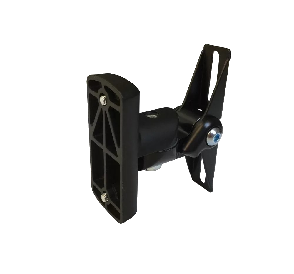 A black metal mounting bracket with a ball joint and mounting flange, shown on a plain white background.