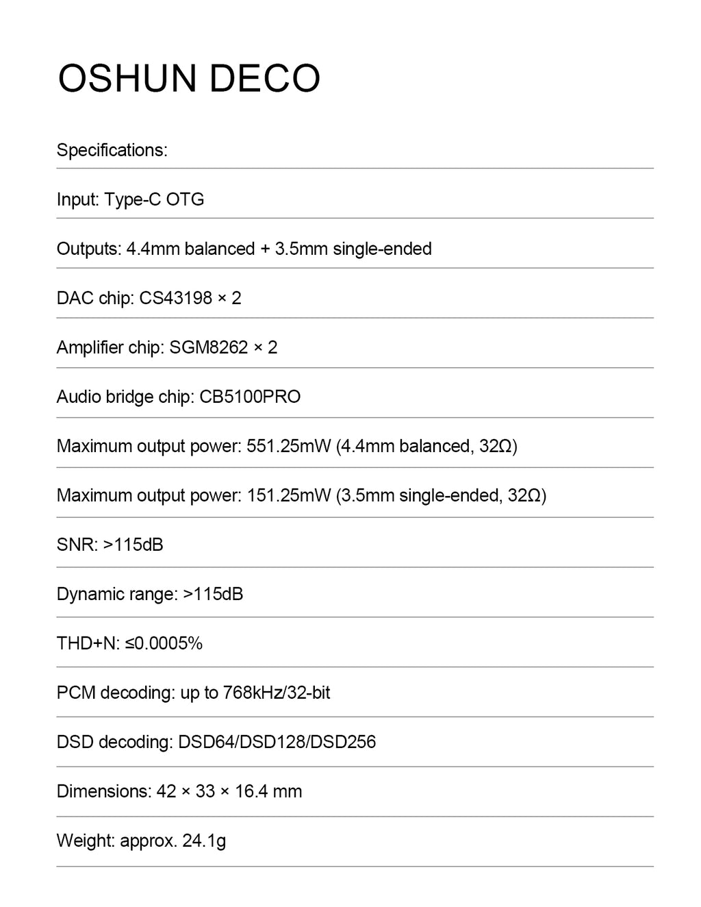 A specifications sheet for the OSHUN DECO audio bridge chip, detailing technical parameters like input/output types, DAC chip models, amplifier type, power ratings, SNR, dynamic range, decoding capabilities, dimensions, and weight.