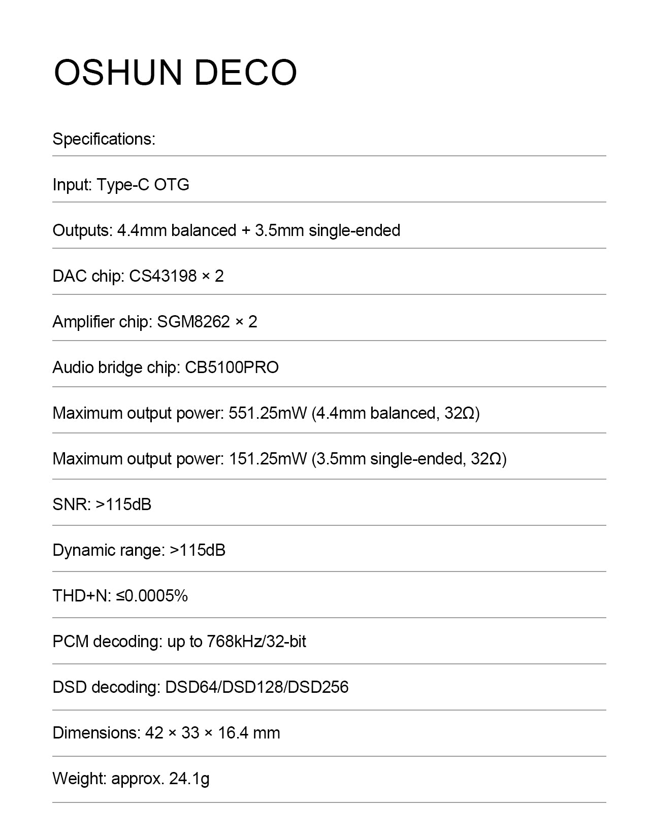 A specifications sheet for the OSHUN DECO audio bridge chip, detailing technical parameters like input/output types, DAC chip models, amplifier type, power ratings, SNR, dynamic range, decoding capabilities, dimensions, and weight.