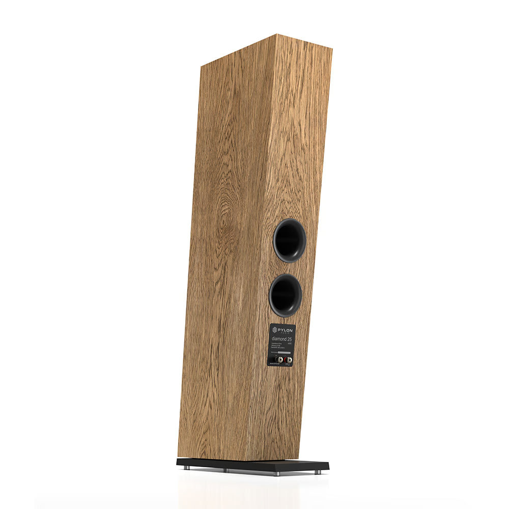Natural oilwax oak bookshelf speaker with two drivers and a port, angled side view.