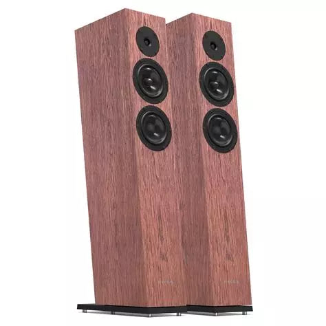 Cherry coral wood floorstanding loudspeaker with four front drivers on dual units