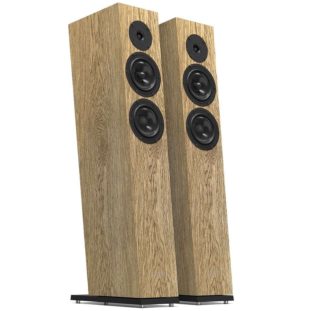 Pair of natural oilwax oak bookshelf speakers with three drivers each, front view.