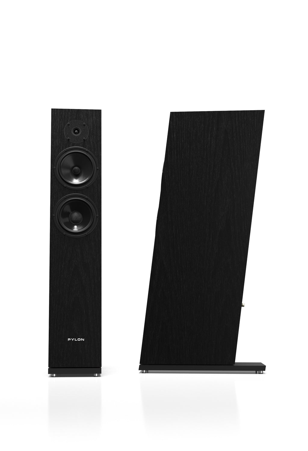 Floor-standing speaker pair in dark wood finish; front tweeter and midwoofers visible.