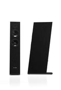 Floor-standing speaker pair in dark wood finish; front tweeter and midwoofers visible.