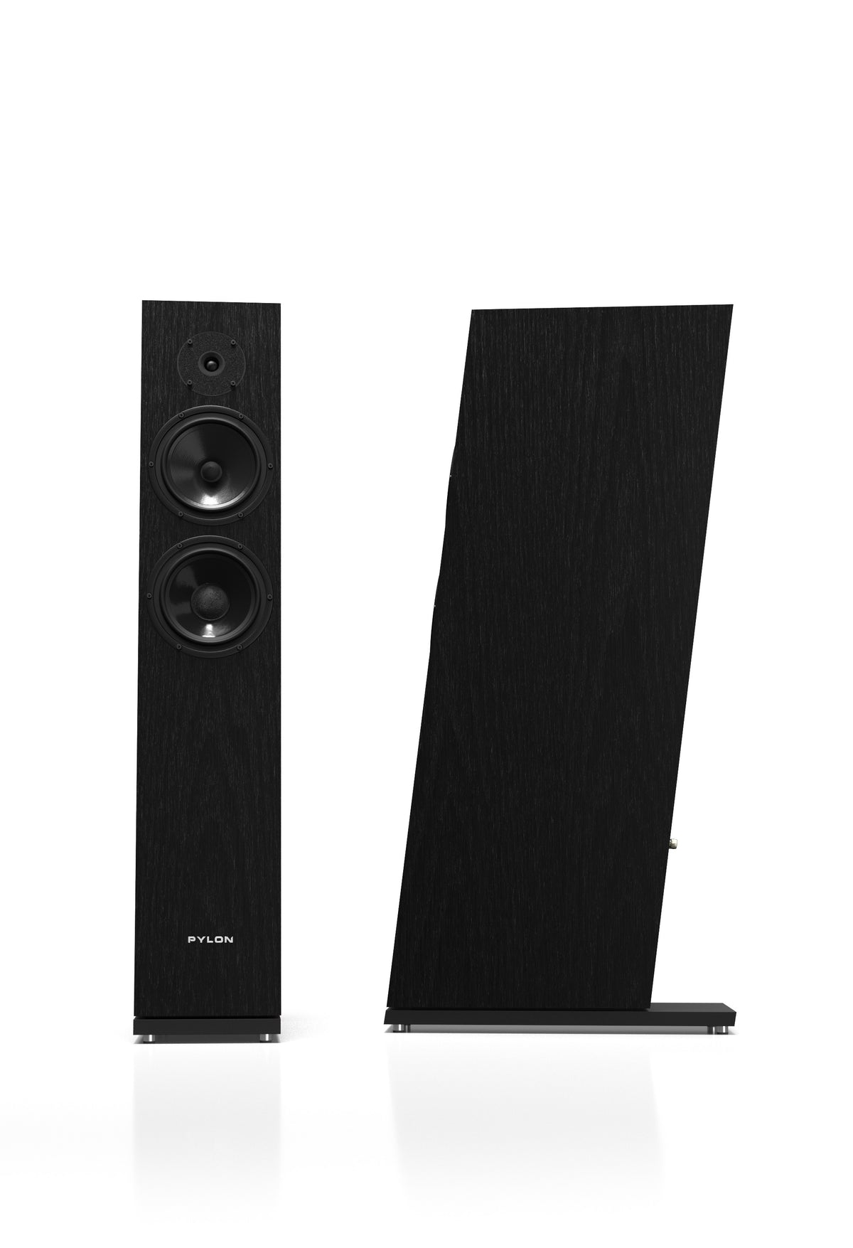 Floor-standing speaker pair in dark wood finish; front tweeter and midwoofers visible.