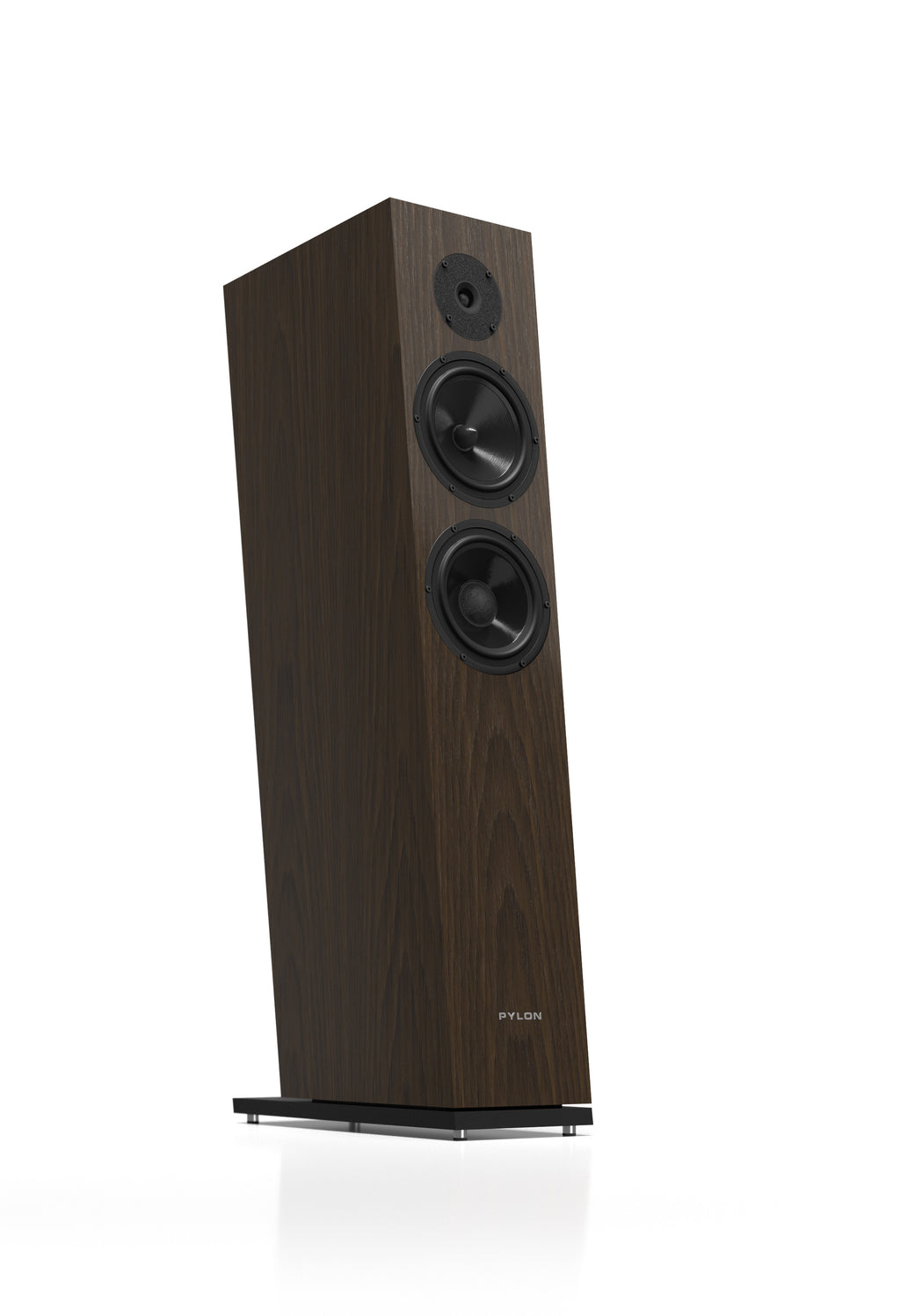 Floor-standing speaker in natural wood veneer, angled view showing tweeter and woofer.