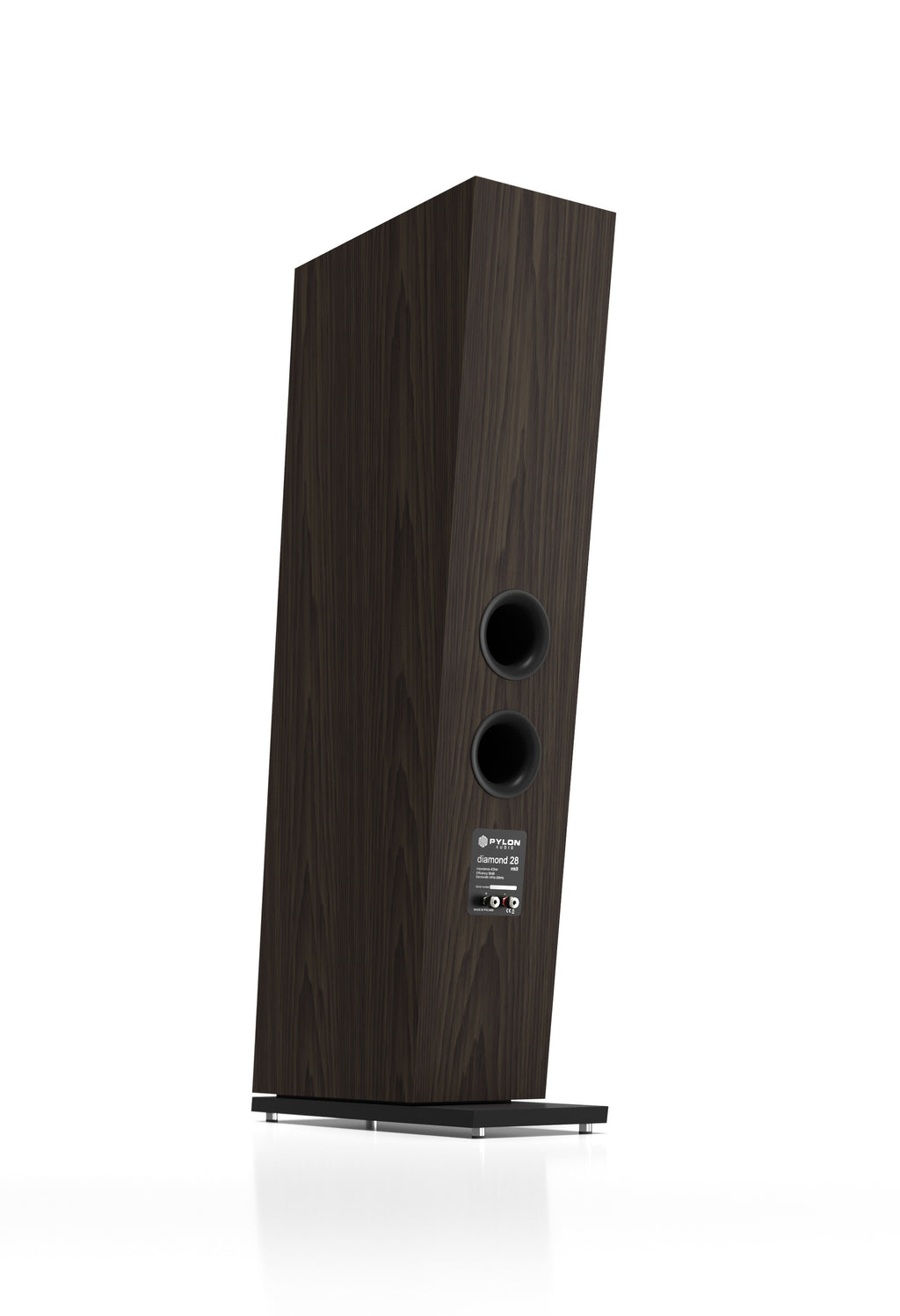 Floor-standing speaker in dark wood veneer, angled view with two front drivers.