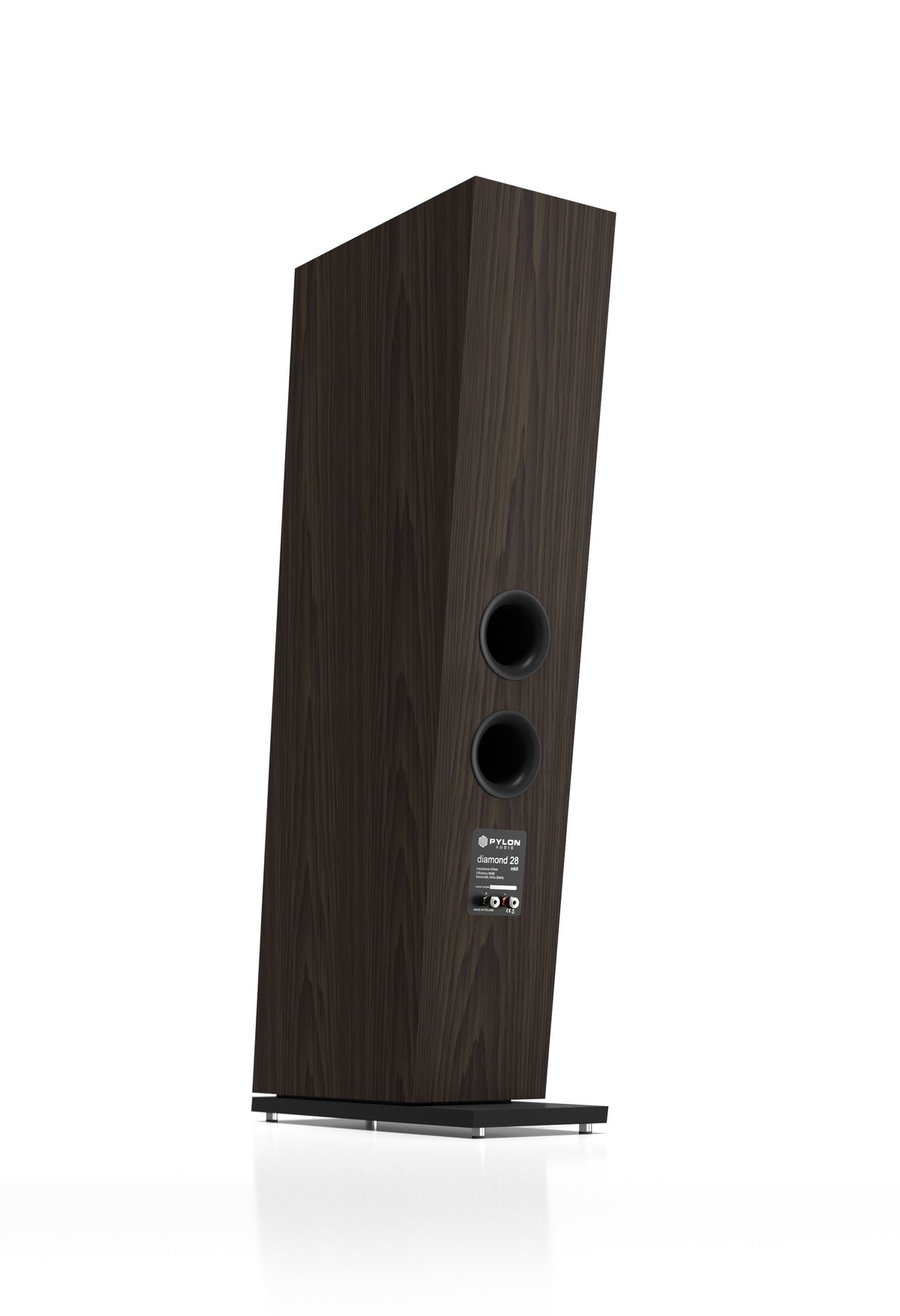 Floor-standing speaker in dark wood veneer, angled view with two front drivers.
