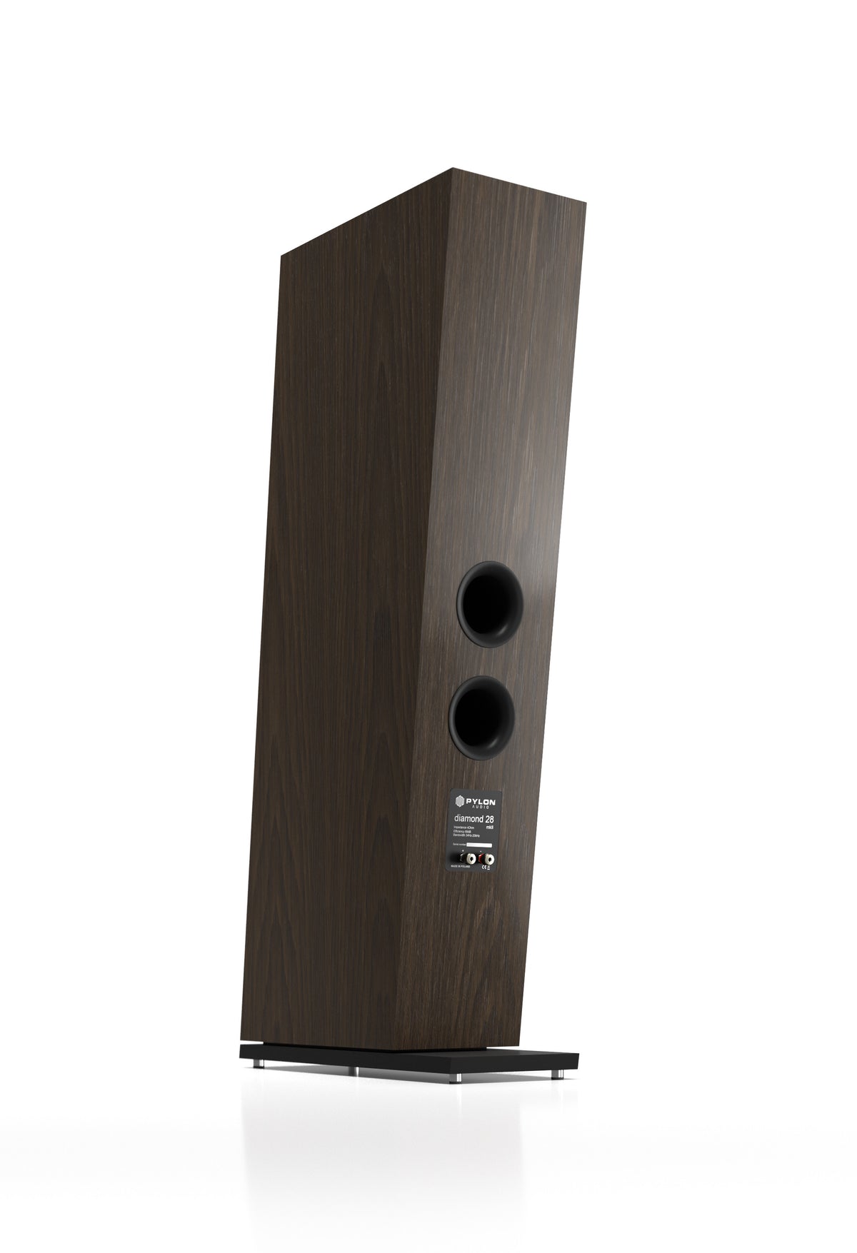 Floor-standing speaker in dark wood veneer, two front drivers with rear label plate.