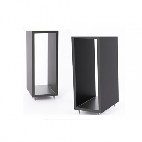 Black speaker stands with open front, rectangular base, pair shown