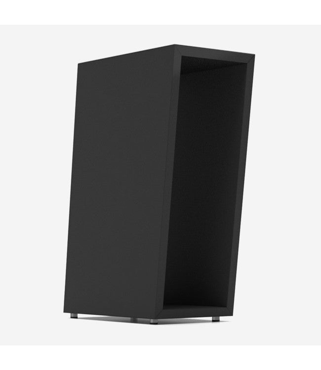 Black rectangular speaker stand with open front cavity, angled view