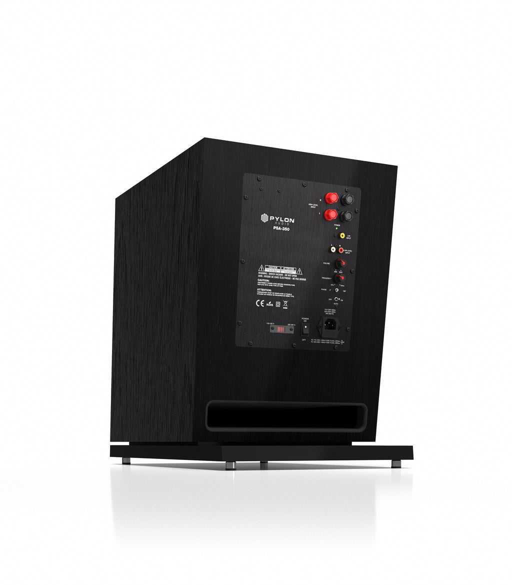 Black subwoofer rear panel with binding posts and input controls on cabinet