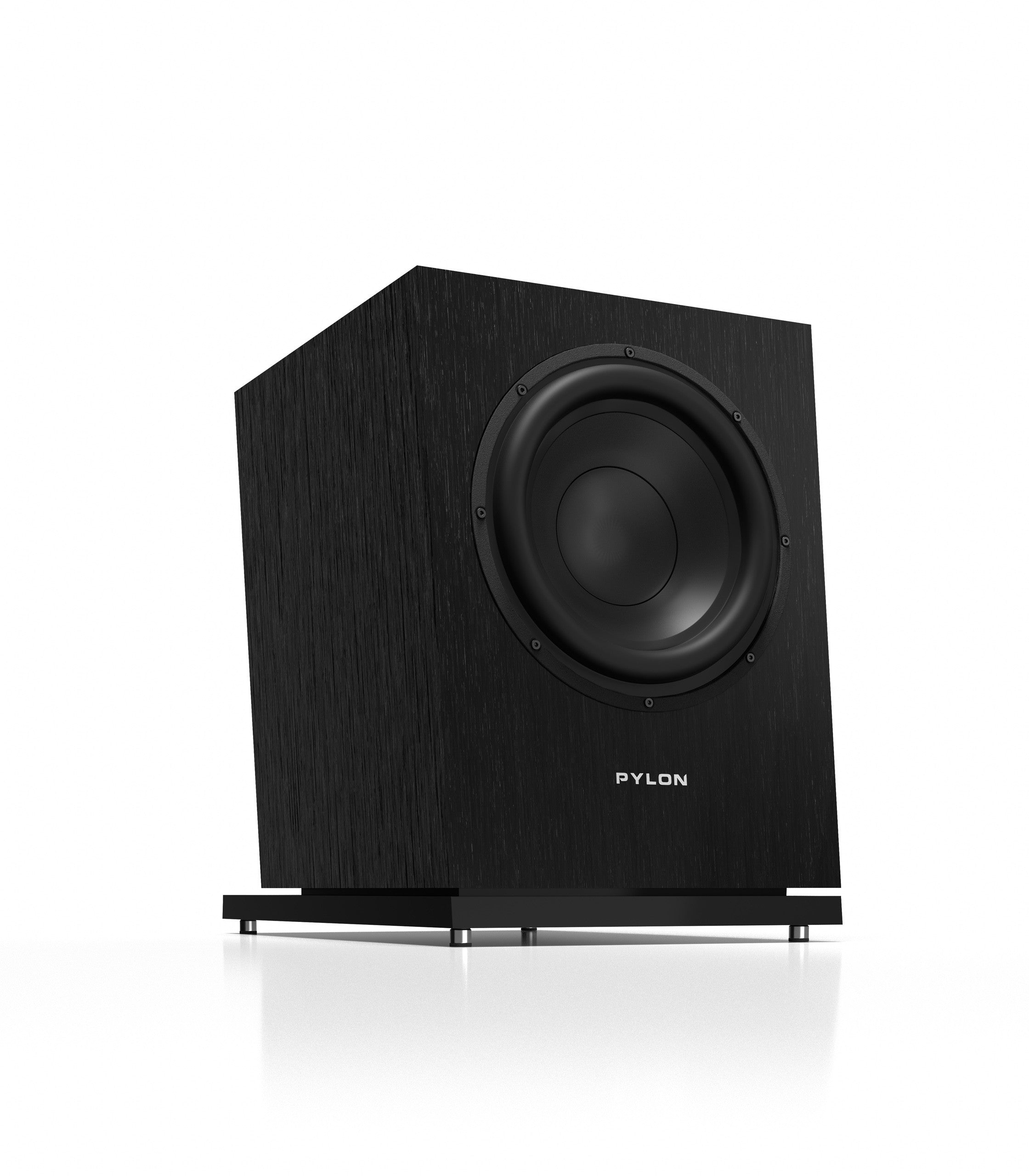 Black subwoofer speaker with front woofer and PYLON logo on cabinet