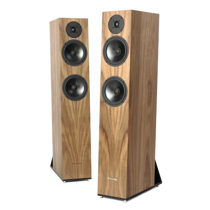Pylon Audio Emerald 25 floorstanding speakers in walnut wood with three drivers each