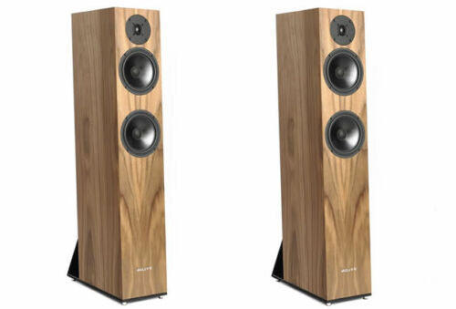 Pylon Audio Emerald 25 floorstanding speakers, walnut wood front with black tweeter and woofers