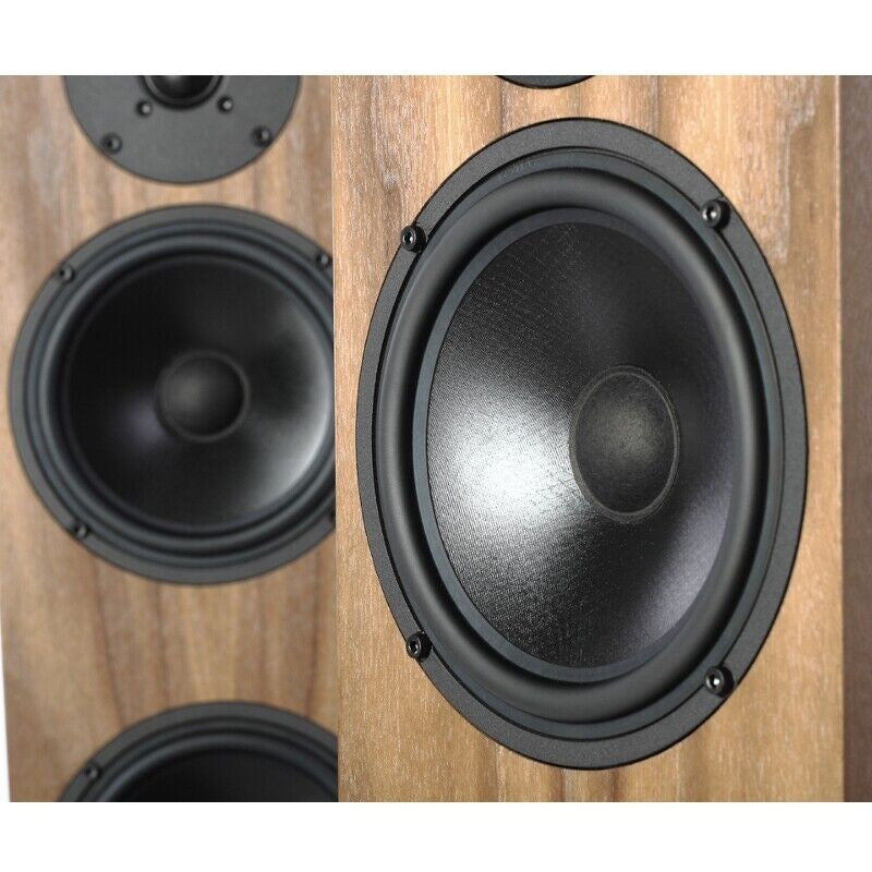 Pylon Audio Emerald 25 woofer driver close-up on walnut speaker cabinet