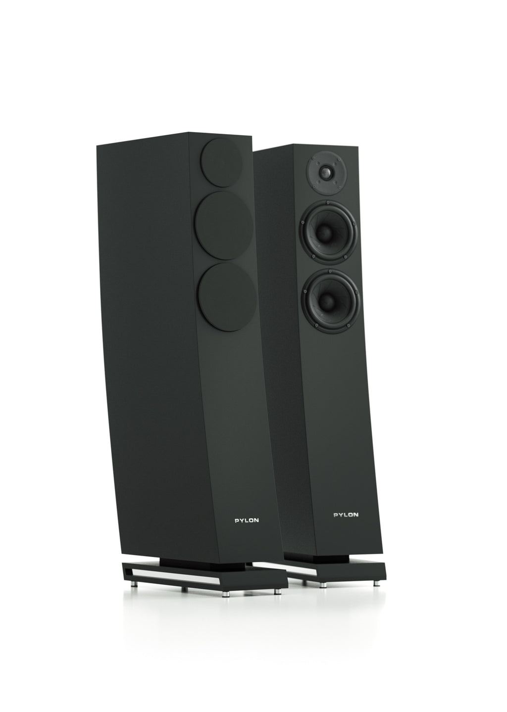 A pair of black Pylon audio floorstanding speakers with multiple driver units, shown on a clean white background.