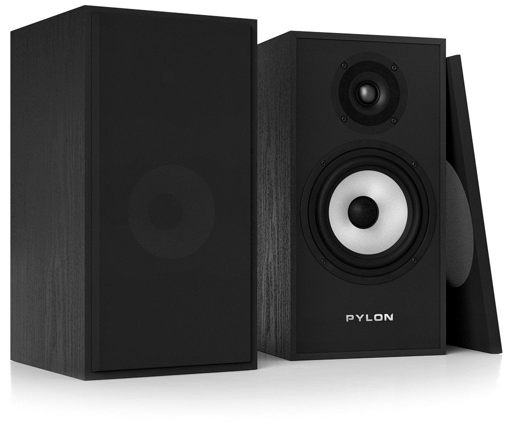 Pylon Audio Pearl monitor speakers, black front with dual drivers and ported cabinet