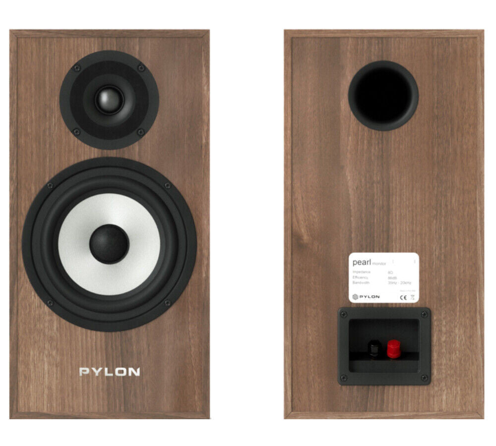 Pylon Audio Pearl monitor speakers, wood front with dual drivers and rear binding post panel