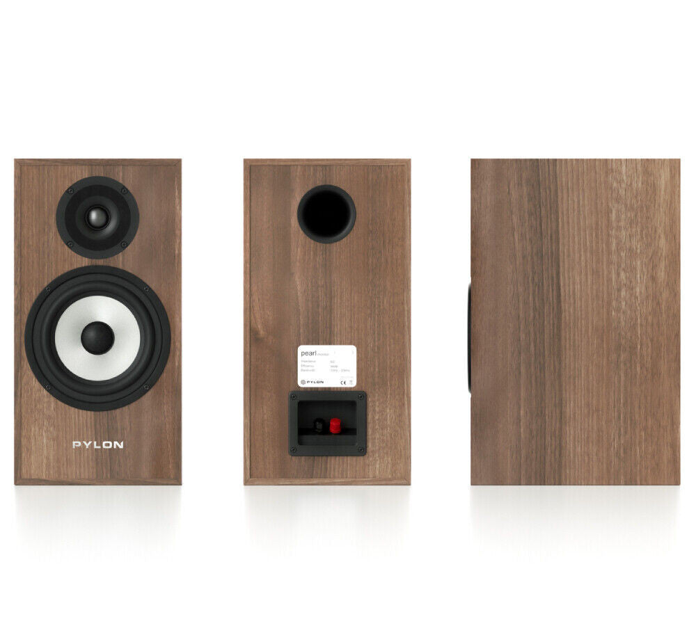 Pylon Audio Pearl monitor speakers, wood views showing front drivers, rear ports, and side