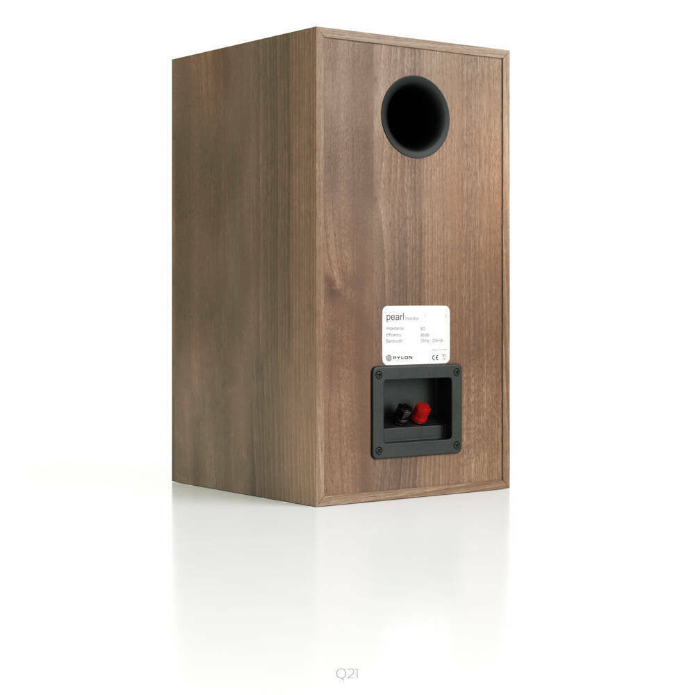 Pylon Audio Pearl monitor speaker rear panel in wood, with bass port and speaker terminals
