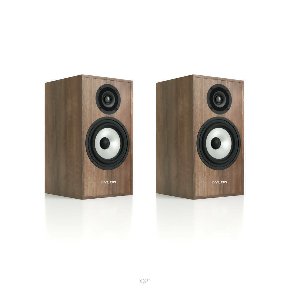 Pylon Audio Pearl monitor speakers, walnut finish with dual drivers and black speaker grille