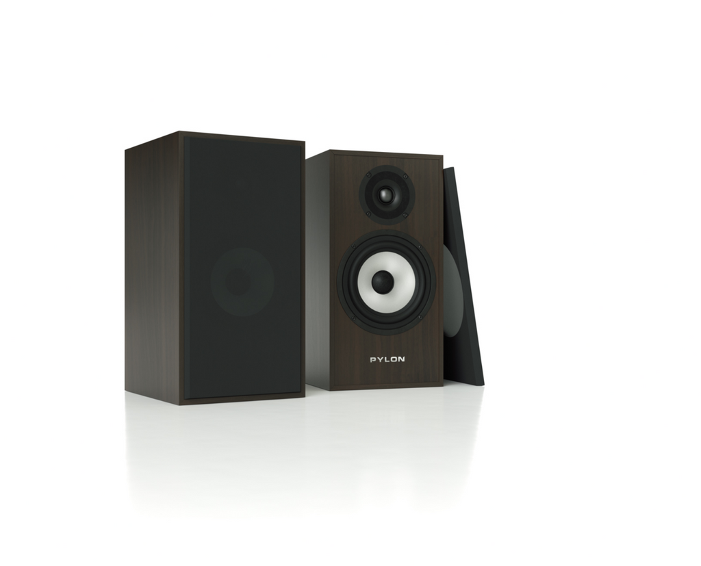 Pylon Audio Pearl monitor speakers, dark wood cabinet with front dual drivers and side angle