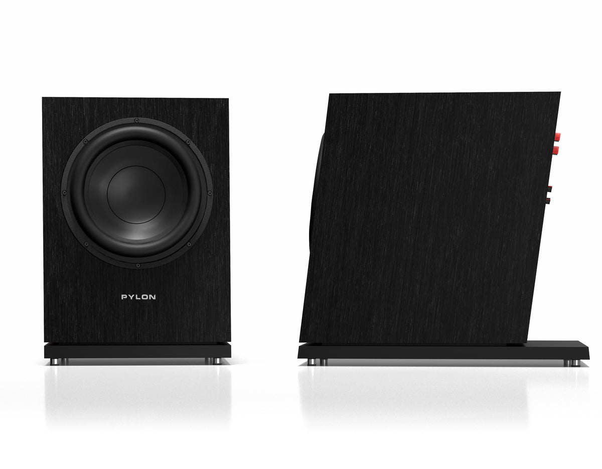 Black subwoofer front woofer and side profile on stand