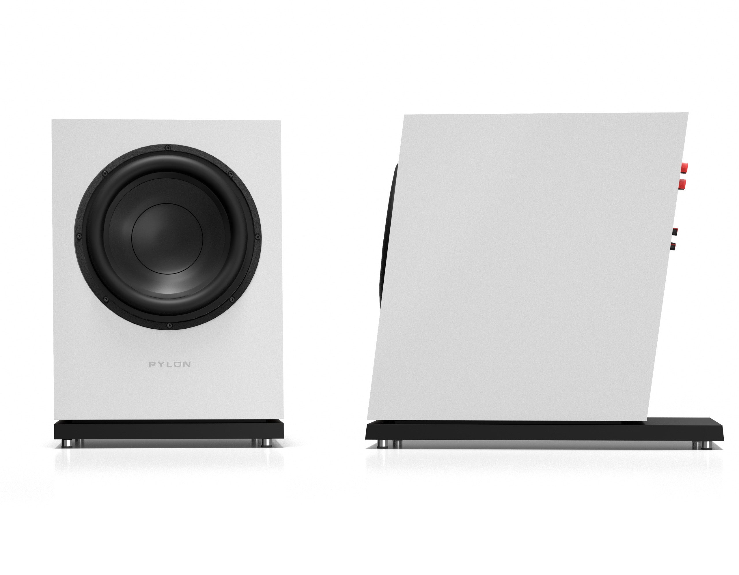 White subwoofer rear panel with input connections and controls on cabinet