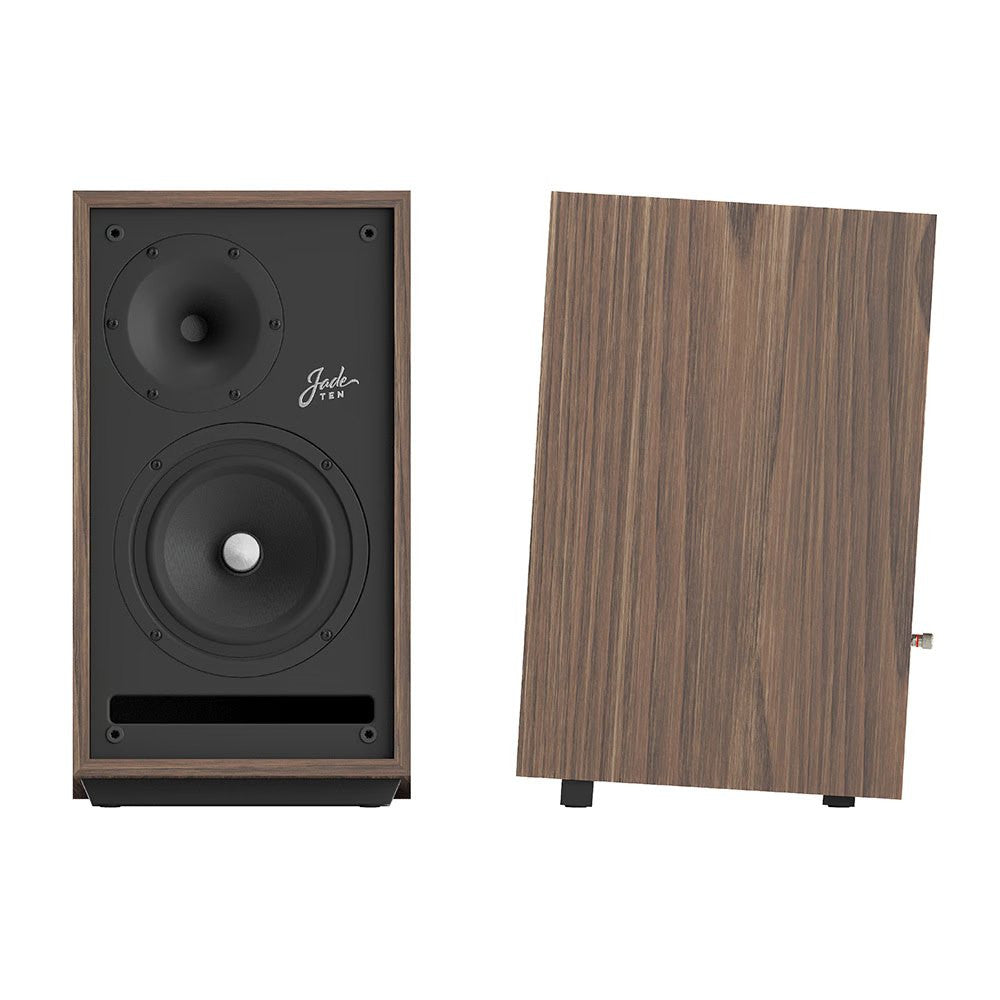 Walnut wood bookshelf speaker with two black drivers and front control plate