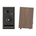 Walnut wood bookshelf speaker with two black drivers and front control plate