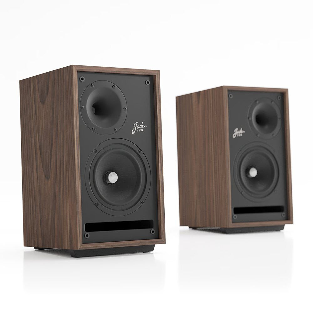 Walnut wood bookshelf speaker pair view with front dual drivers and rear cabinet side