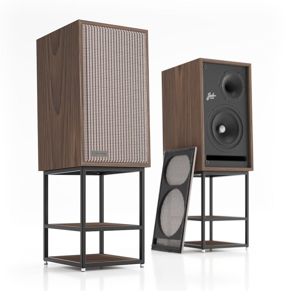 Walnut wood bookshelf speaker with front grille mesh and dual black drivers