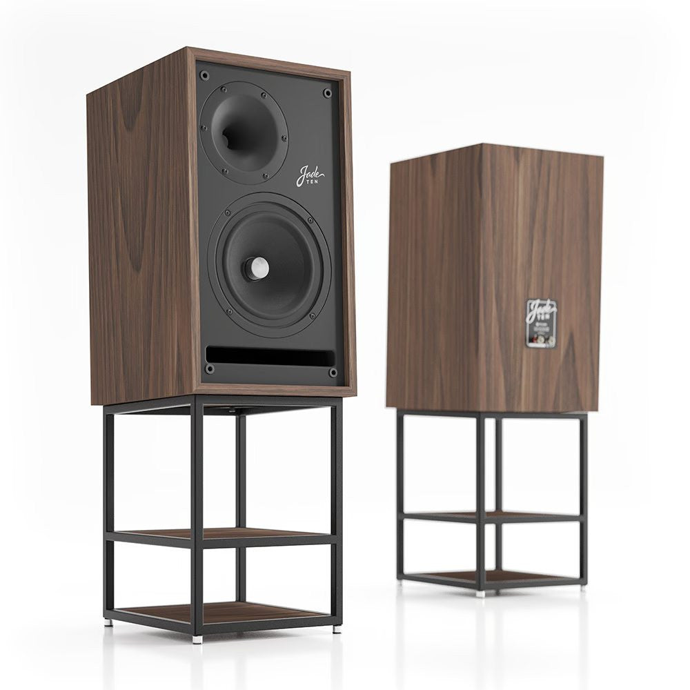 Walnut wood bookshelf speaker with front drivers and rear port panel on stand