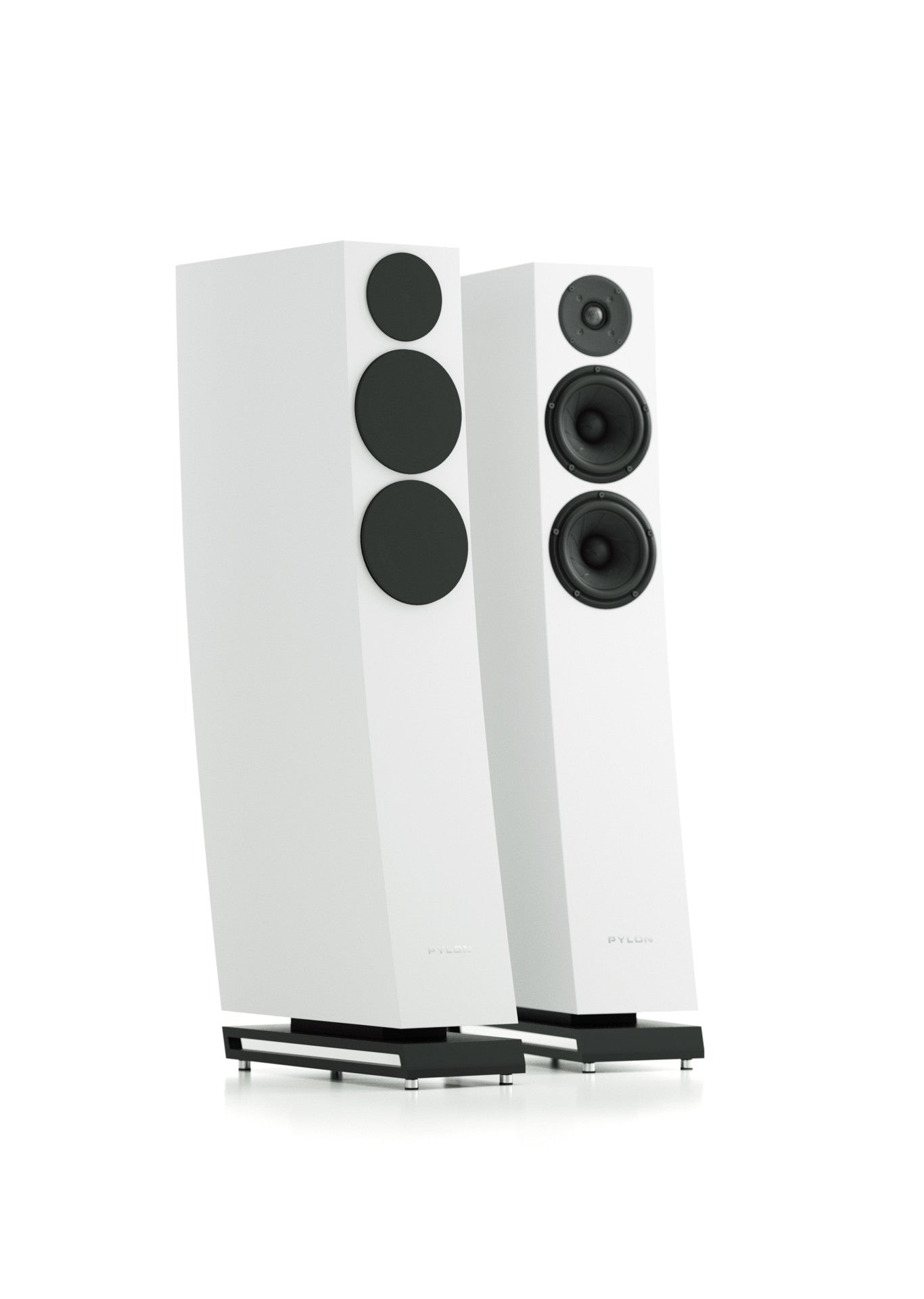 A pair of white tower speakers with black drivers and stands, shown on a clean white background.