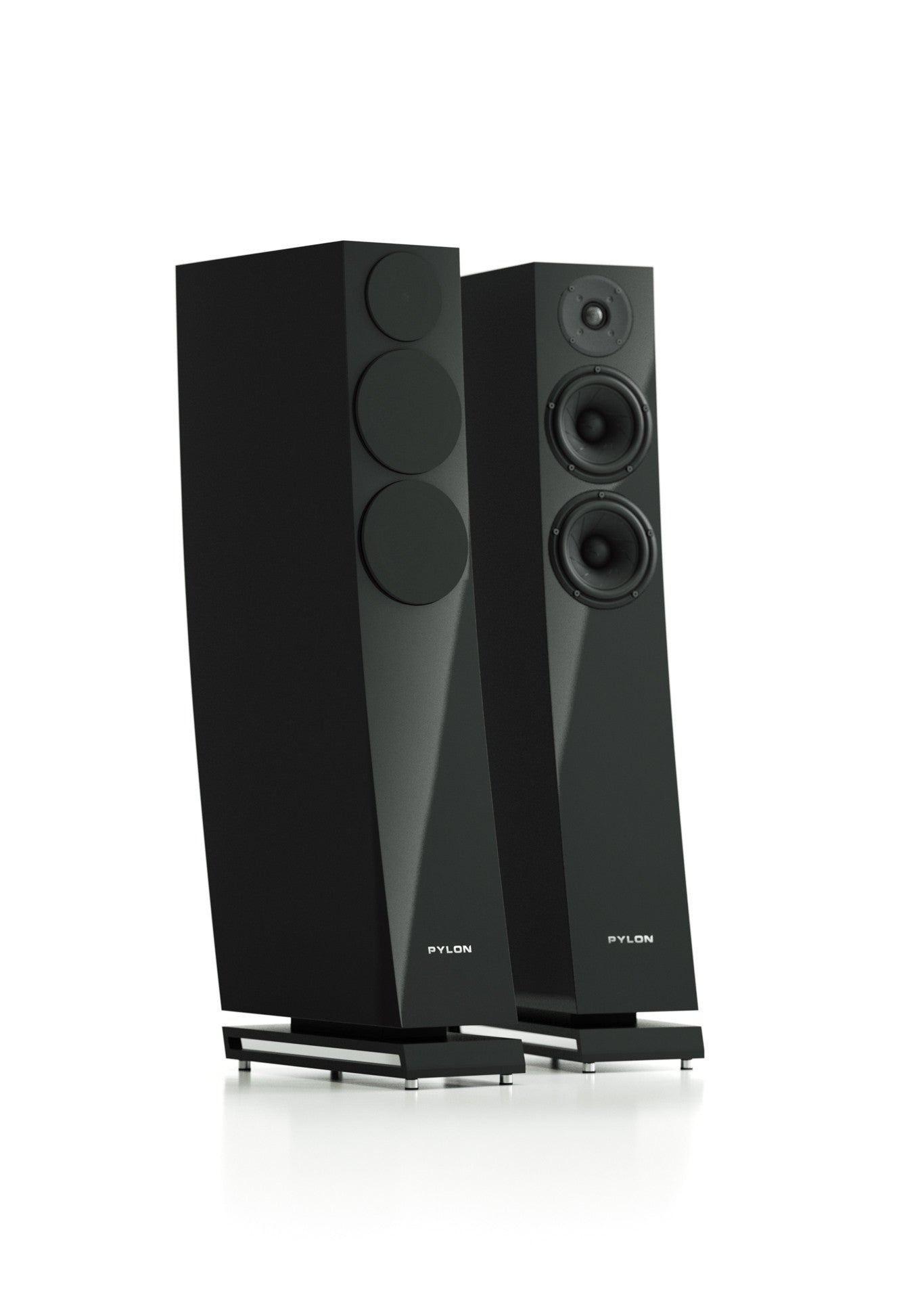 Two black floorstanding speakers with multiple driver waves, standing on slim metal feet against a white background.