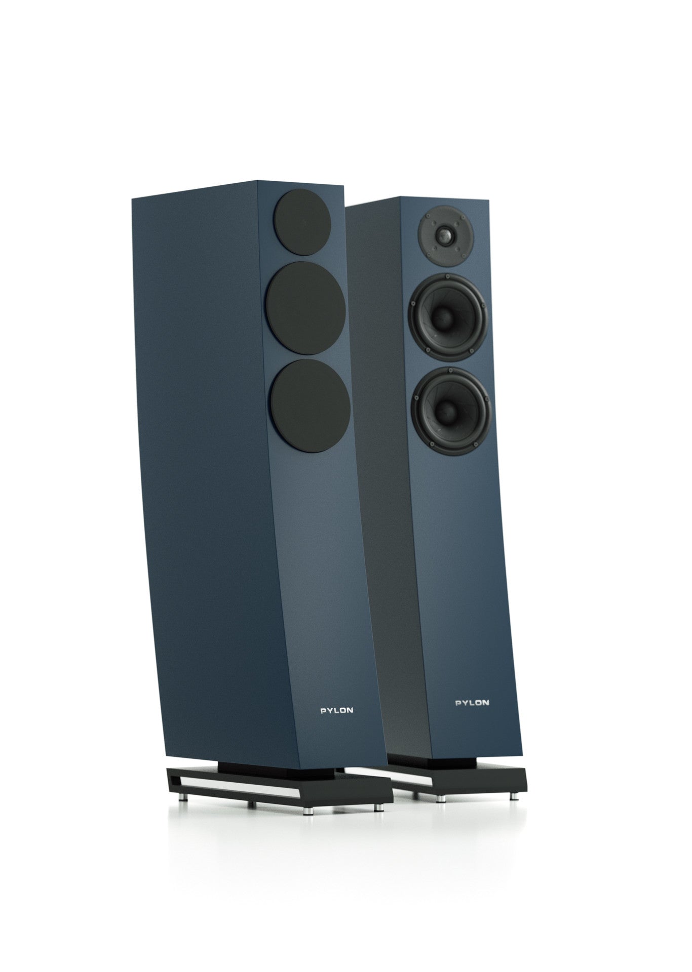 Two tall floorstanding speakers in a dark slate blue finish with black drivers, shown on a clean white background.