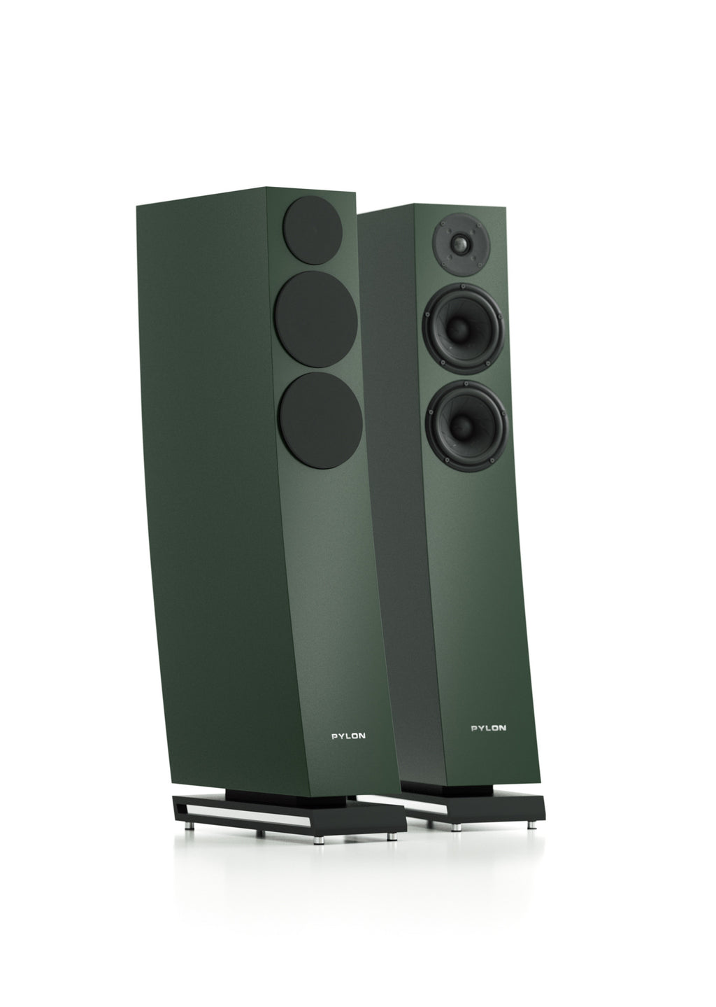 Two tall floorstanding speakers in a dark forest green finish with black drivers and stands, shown on a clean white background.