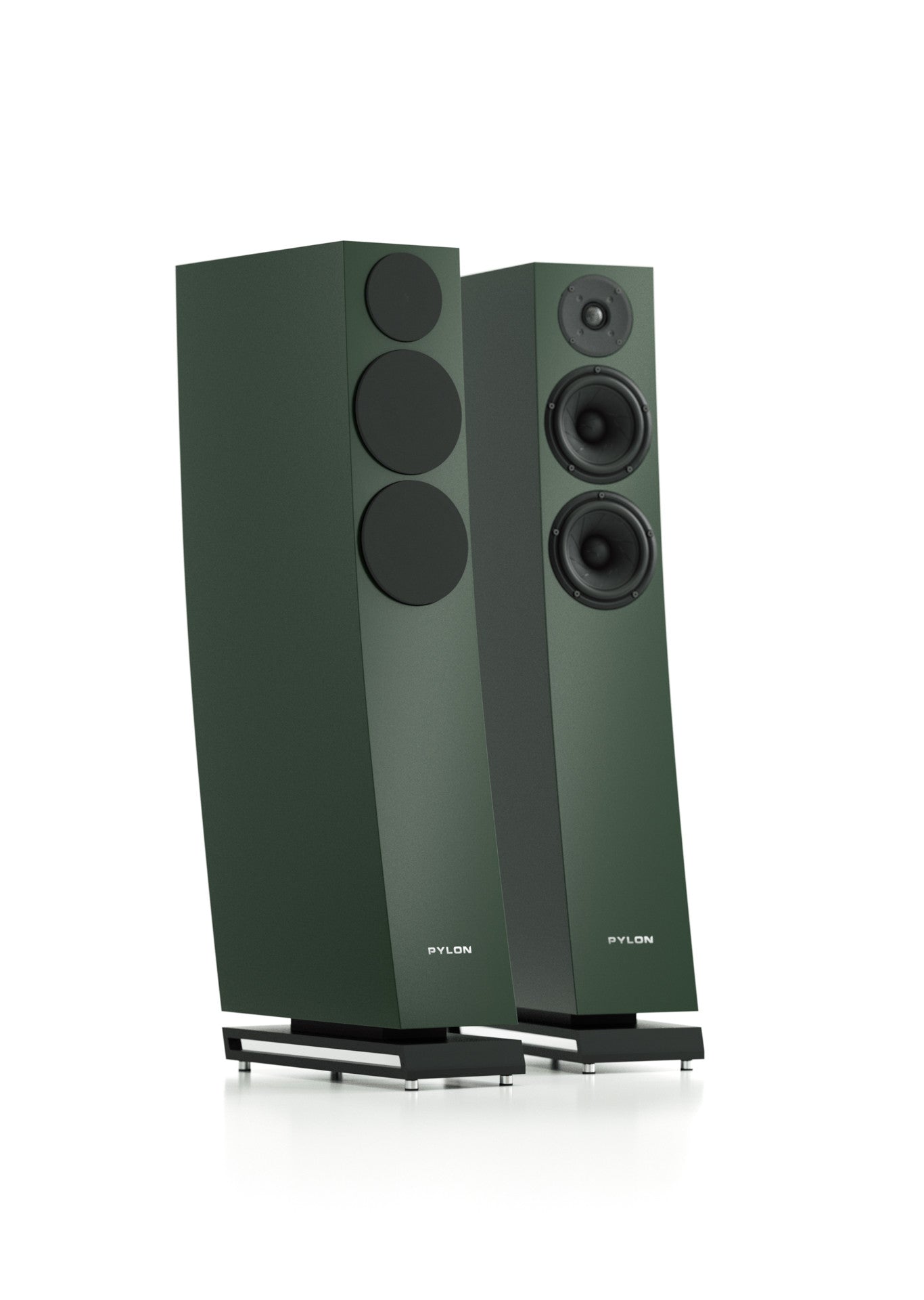 Two tall floorstanding speakers in a dark forest green finish with black drivers and stands, shown on a clean white background.