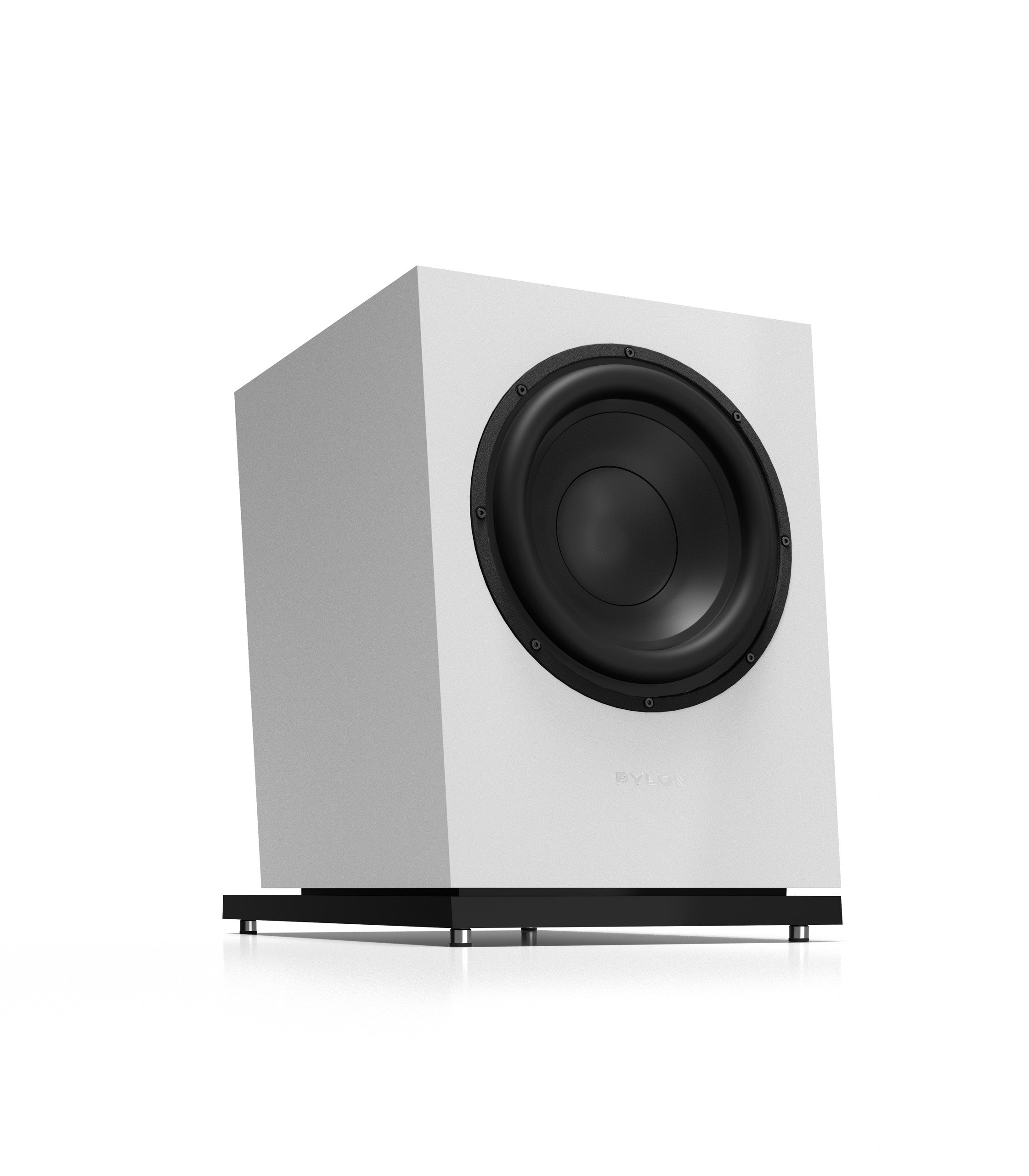 White subwoofer speaker with front woofer and PYLON logo on cabinet