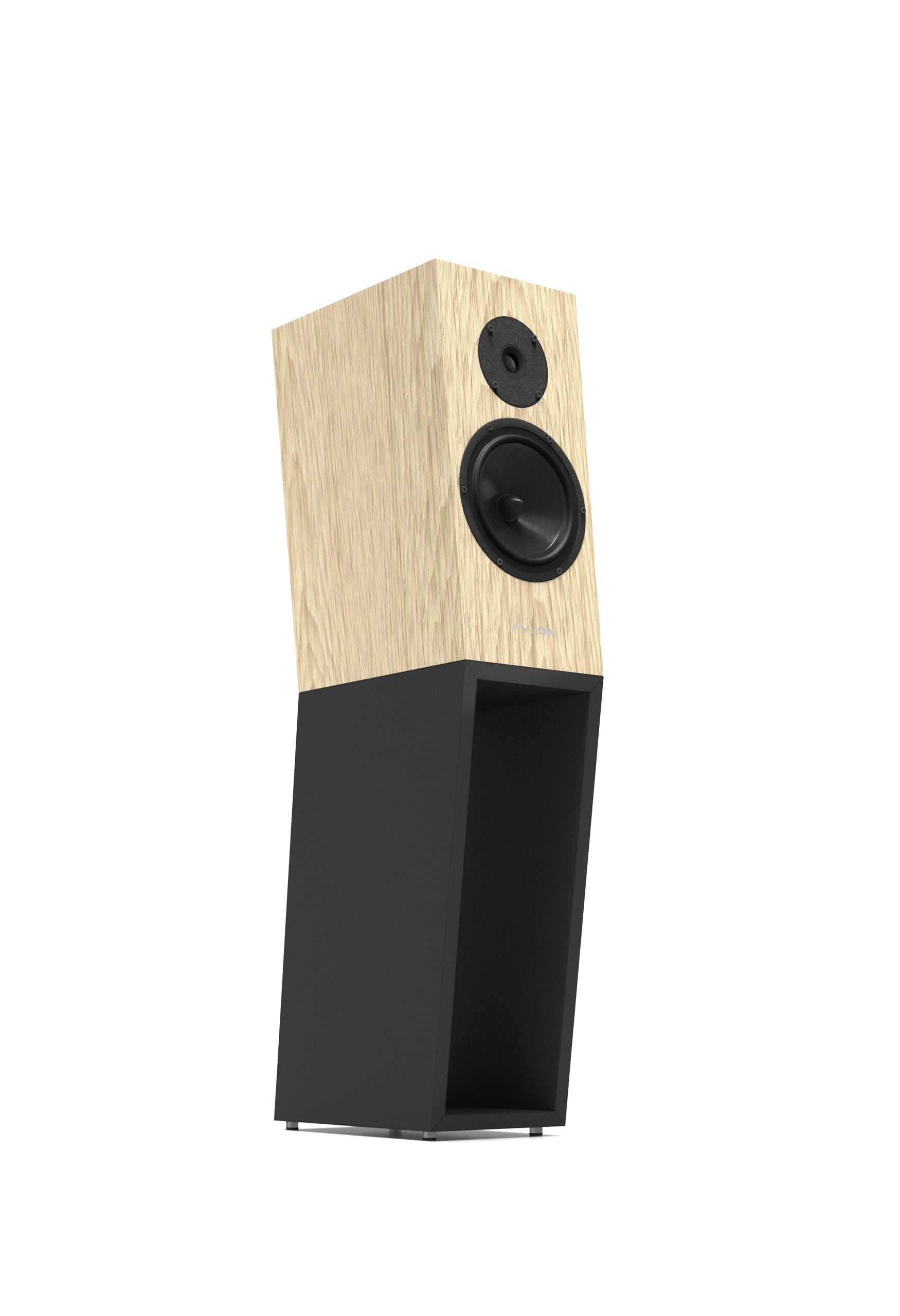 Standmount loudspeaker, natural oak top with black bass unit and circular tweeter front