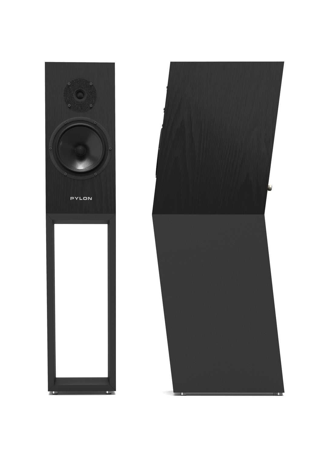 Standmount loudspeaker, black matte cabinet with twin front drivers and top tweeter