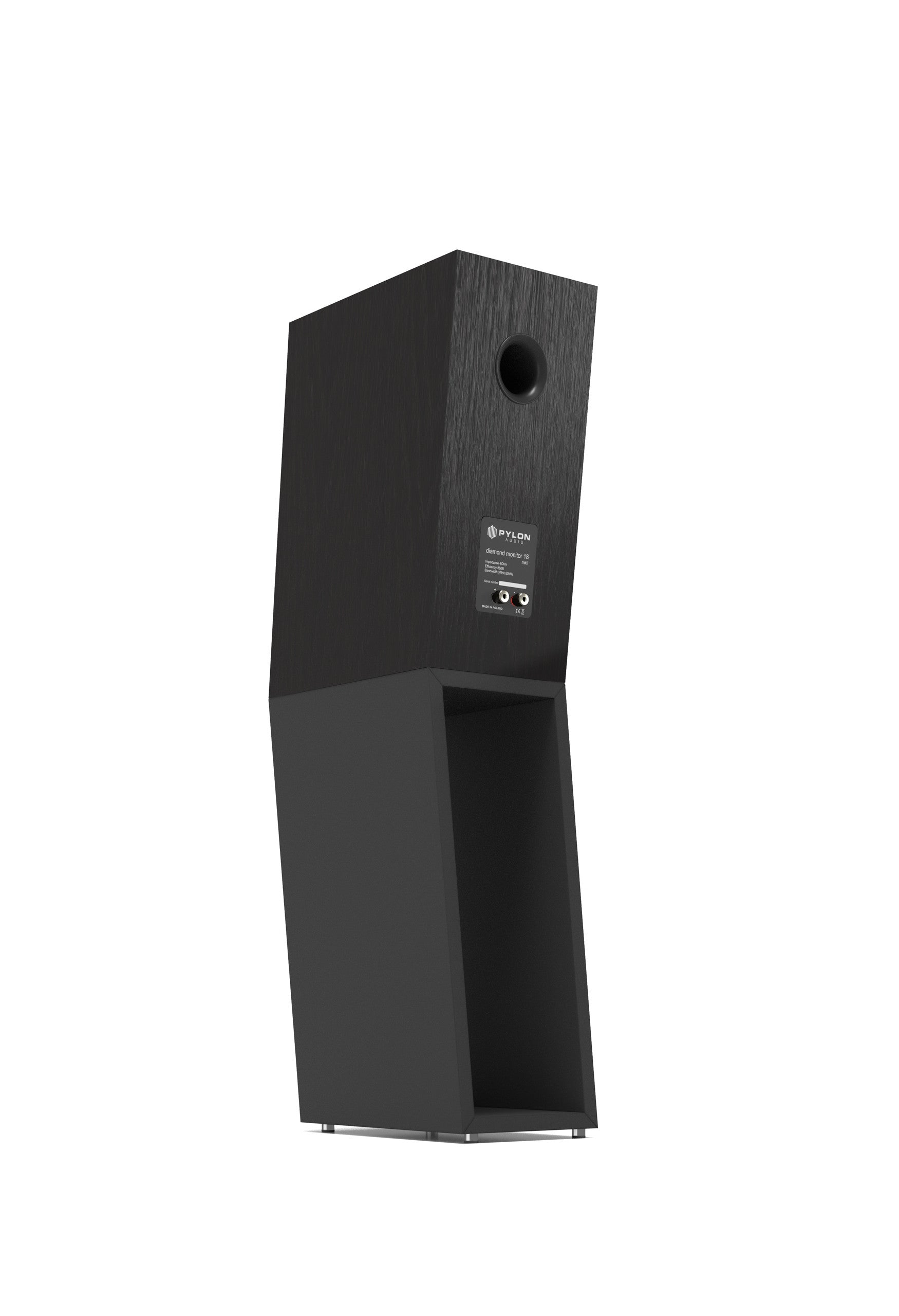 A black wooden floor-standing tower speaker shown from a three-quarter angle against a plain white background.