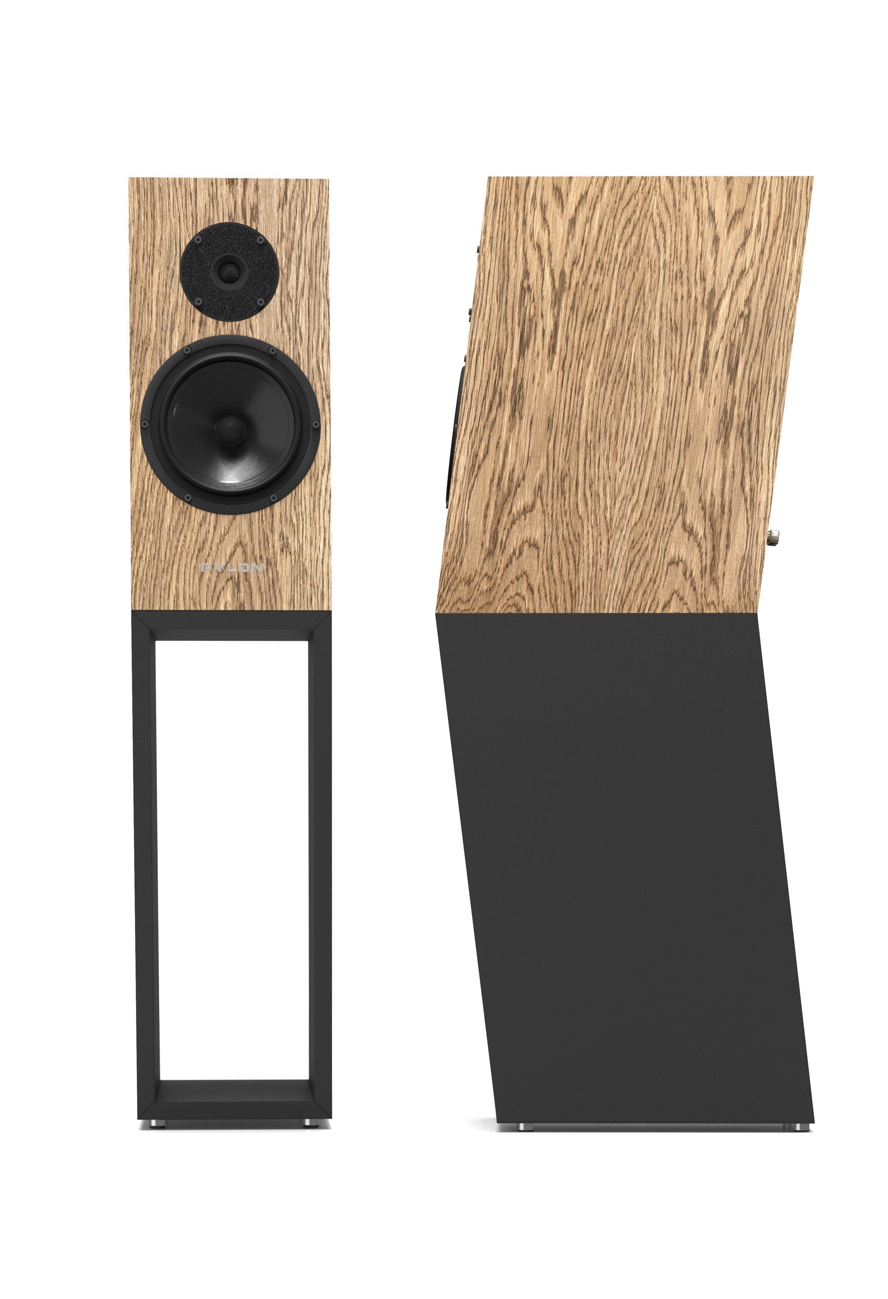 A pair of floorstanding bookshelf speakers shown on a white background, featuring a wood-grain front panel, black midrange and tweeter, and a black metal stand.