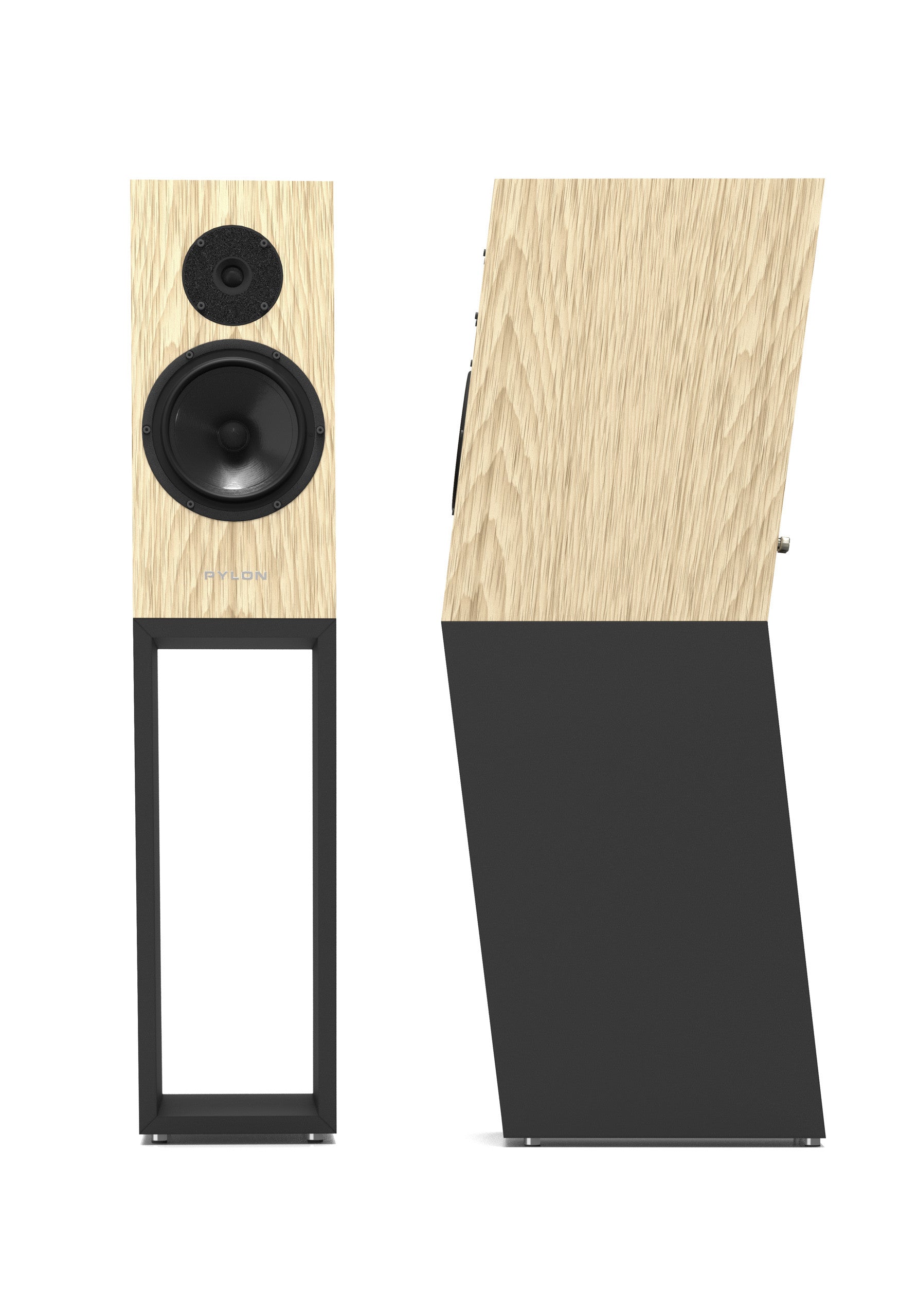 A pair of Pylon Audio Diamondbookshelf speakers shown on a white background, featuring a light wood grain front panel with black drivers and a black angled side panel.