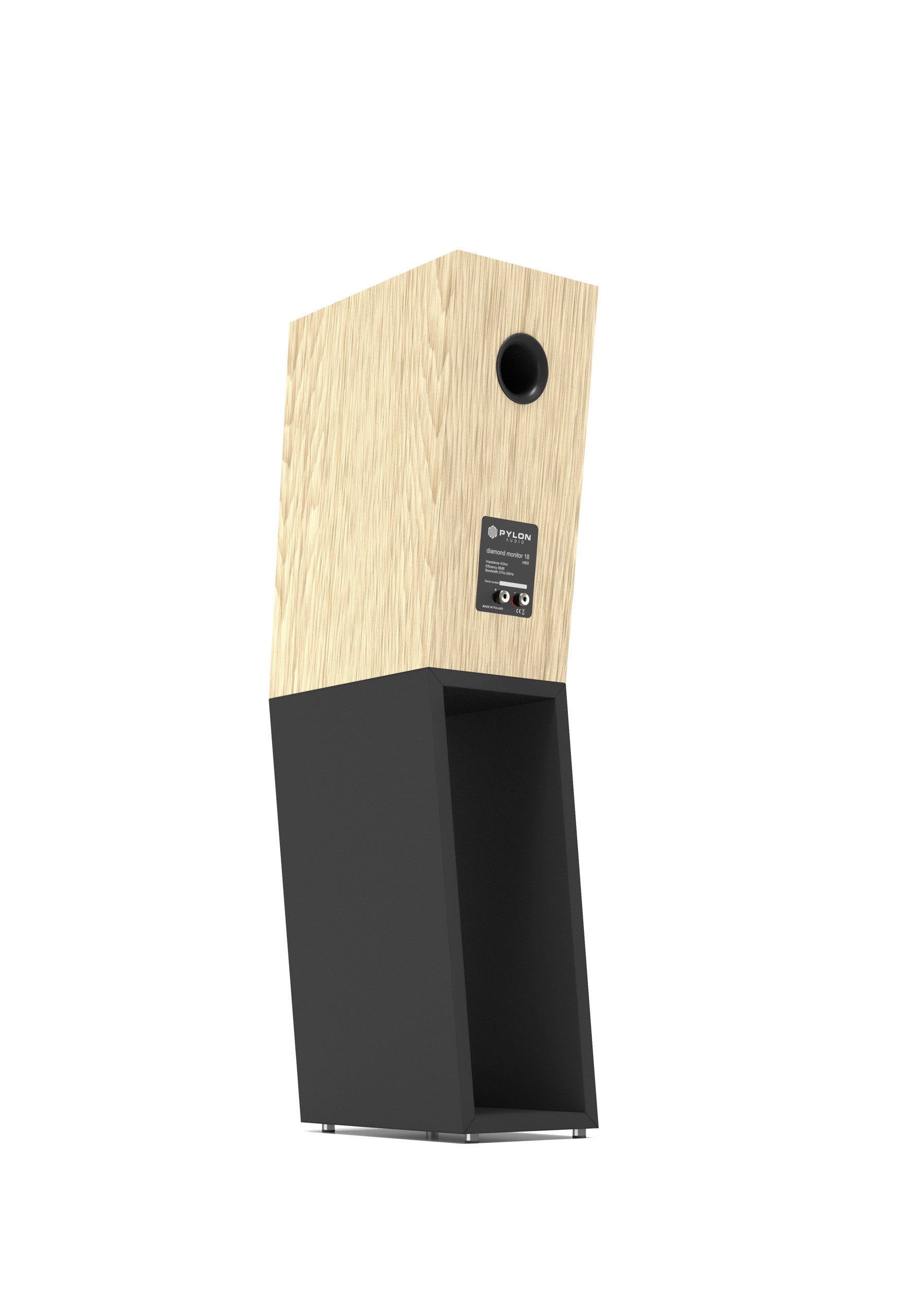 A tall floorstanding speaker with a light natural wood grain cabinet on top and a matte black open bass reflex enclosure below, shown on a plain white background.