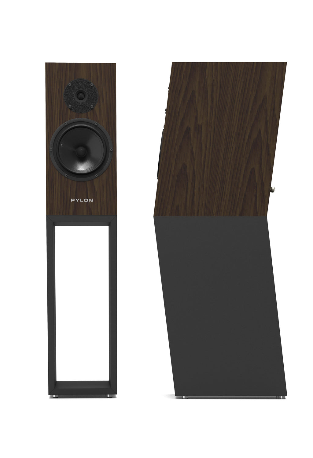 Standmount loudspeaker, dark wood veneer with front woofer and tweeter, side view