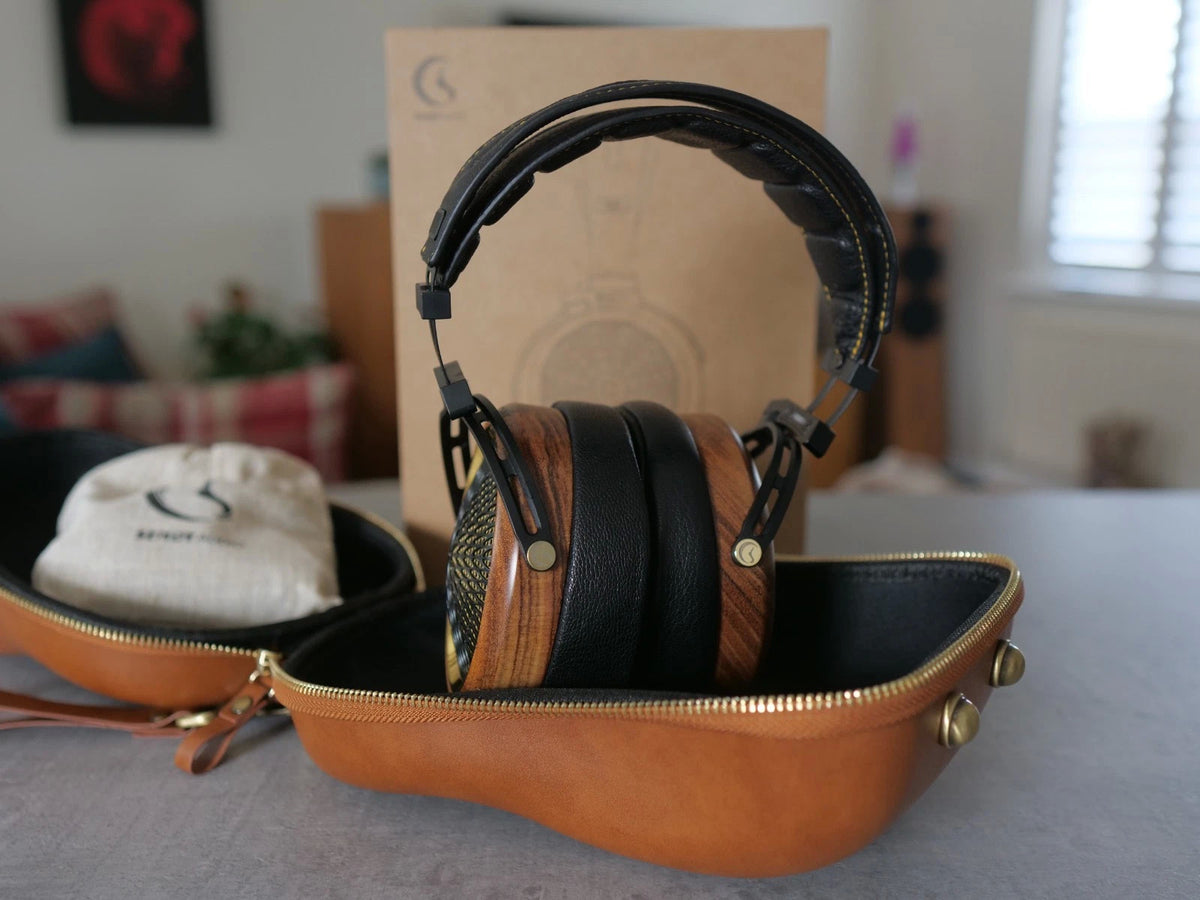 Brown carry case with black over-ear headphones and wood-accent peacock-gold earcups