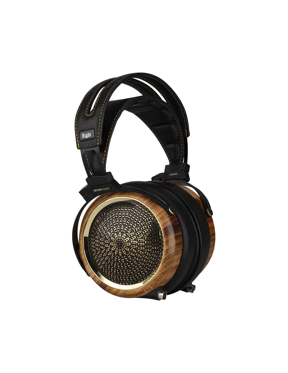 Black over-ear headphones with wood-trim peacock-gold speaker grille and headband